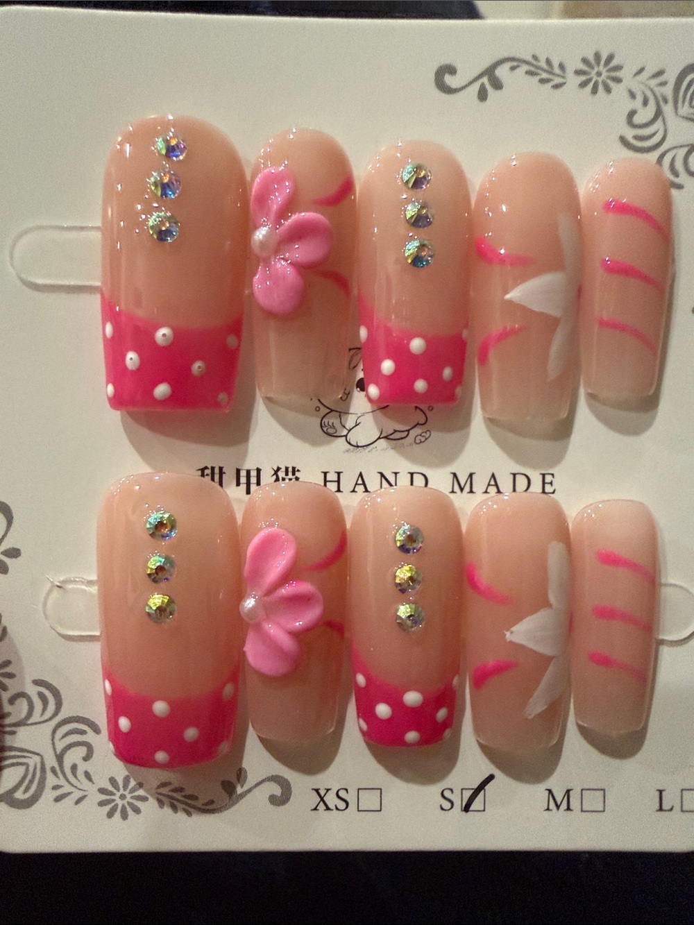 Pink 3D Floral Rhinestone handmade acrylic Press-On Nails